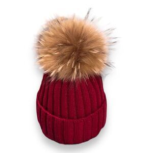Fur Pom Pom Red Knit Beanie Hat NEW
